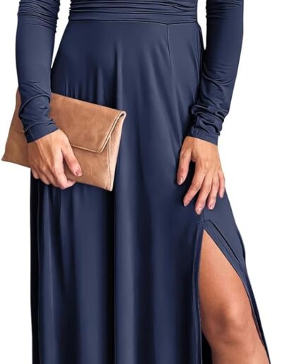 Women Deep V Neck Long Sleeve Slit 2024 Fall Elegant Formal Wedding Guest Cocktail Evening Date Prom Maxi Long Dress