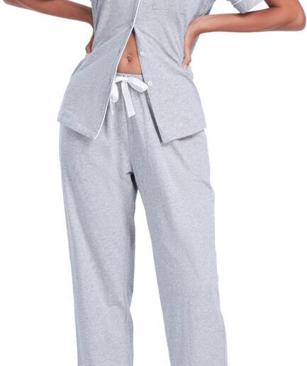 Women 100% Cotton Pajama Set Button Down Sleepwear Short Sleeve Shirt and Long Pants Soft ladies Lounge Sets