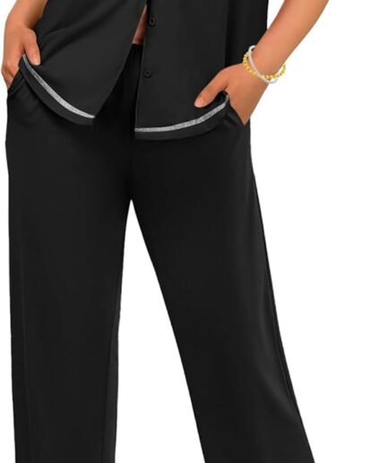 Cotton Pajamas Sets for Women 2 Piece Button Down Short Sleeve Pj Set with Long Pants Lounge Set Soft Sleepwear S-XXL