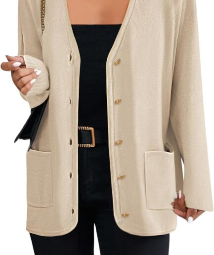 Women V Neck Button Long Cardigan Sweater Casual 2024 Fall Knit Sweater Blazer with Pockets