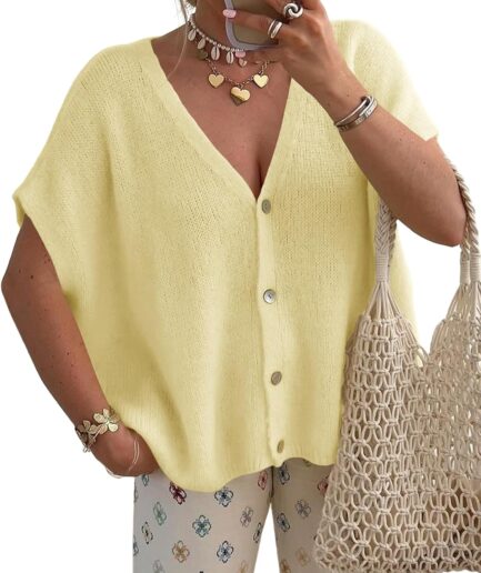 Women Summer Oversized Cardigans Batwing Short Sleeve Lightweight Button V Neck Casual Knit Sweater Tops