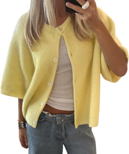 Women Knitted Crop Cardigan Short Sleeve Button Up Rib Knit Solid Color Cute Sweater Shirt