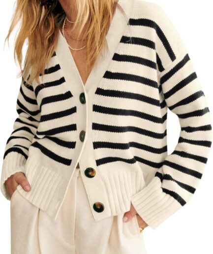 Women Striped Cardigan Sweaters V Neck Button Down Long Sleeve Open Front Ribbed Knit Outerwear