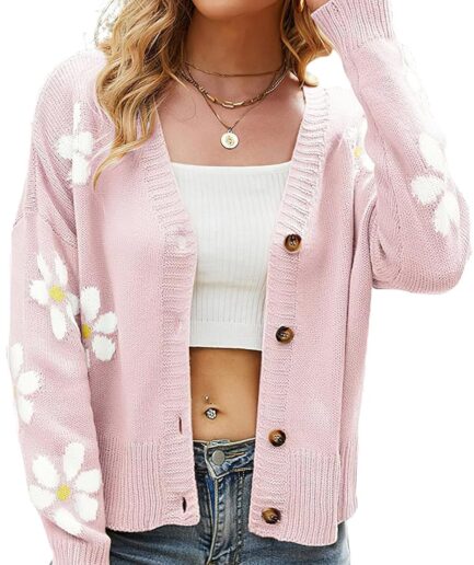 Women Ribbed Knit Cardigans Slouchy Cute Smile Graphic Pretty Daisy Button-up Jacquard Knitted Sweater Coat