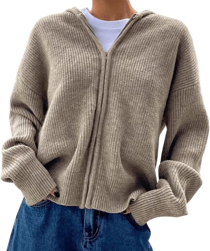 Women Zip Up Hooded Cardigan Sweater Knitted Drop Shoulder Fall Hoodies Outerwear